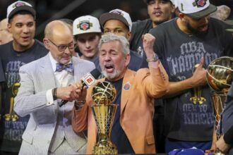Jun 13, 2026; San Antonio, Texas, USA; New York Knicks owner James Dolan and the players celebrate after defeating the San Antonio Spurs during game five of the 2026 NBA Finals at Frost Bank Center. Mandatory Credit: Geoff Burke-Imagn Images
