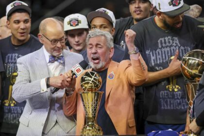 Jun 13, 2026; San Antonio, Texas, USA; New York Knicks owner James Dolan and the players celebrate after defeating the San Antonio Spurs during game five of the 2026 NBA Finals at Frost Bank Center. Mandatory Credit: Geoff Burke-Imagn Images