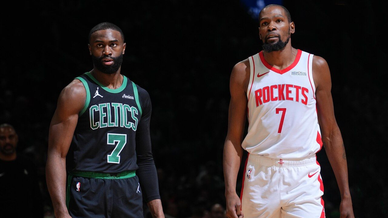 Houston Rockets v Boston Celtics BOSTON, MA - NOVEMBER 1: Jaylen Brown #7 of the Boston Celtics and Kevin Durant #7 of the Houston Rockets looks on during the game on November 1, 2025 at TD Garden in Boston, Massachusetts. (Photo by Brian Babineau/NBAE via Getty Images)