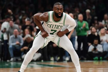 Apr 19, 2026; Boston, Massachusetts, USA; Boston Celtics guard Jaylen Brown (7) on defense in the second half during game one of the first round of the 2026 NBA Playoffs against the Philadelphia 76ers at TD Garden. Mandatory Credit: Bob DeChiara-Imagn Images