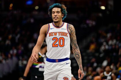 Jeremy Sochan #20 of the New York Knicks at Ball Arena on March 6, 2026 in Denver, Colorado. NOTE TO USER: User expressly acknowledges and agrees that, by downloading and or using this photograph, User is consenting to the terms and conditions of the Getty Images License Agreement.