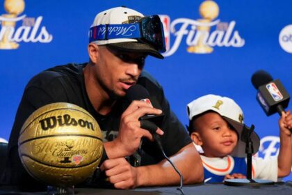 Jun 13, 2026; San Antonio, Texas, USA; New York Knicks guard Josh Hart (3) speaks to the media after the Knicks defeat the San Antonio Spurs during game five of the 2026 NBA Finals at Frost Bank Center. Mandatory Credit: Scott Wachter-Imagn Images