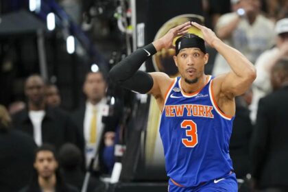 Jun 5, 2026; San Antonio, Texas, USA; New York Knicks guard Josh Hart (3) reacts to a call during the fourth quarter against the San Antonio Spurs during game two of the 2026 NBA Finals at Frost Bank Center. Mandatory Credit: Scott Wachter-Imagn Images