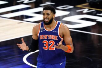 SAN ANTONIO, TEXAS - JUNE 05: Karl-Anthony Towns #32 of the New York Knicks reacts during the third quarter against the San Antonio Spurs in Game Two of the 2026 NBA Finals at Frost Bank Center on June 05, 2026 in San Antonio, Texas. (Photo by Ronald Cortes/Getty Images)