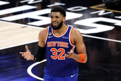 SAN ANTONIO, TEXAS - JUNE 05: Karl-Anthony Towns #32 of the New York Knicks reacts during the third quarter against the San Antonio Spurs in Game Two of the 2026 NBA Finals at Frost Bank Center on June 05, 2026 in San Antonio, Texas. (Photo by Ronald Cortes/Getty Images)