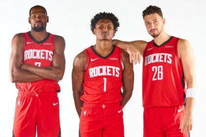 HOUSTON, TX - SEPTEMBER 29: Kevin Durant #7, Amen Thompson #1 and Alperen Sengun #28 of the Houston Rockets poses for a portrait during media day on September 29, 2025 at the Toyota Center in Houston, Texas. (Photo by Logan Riely/NBAE via Getty Images)