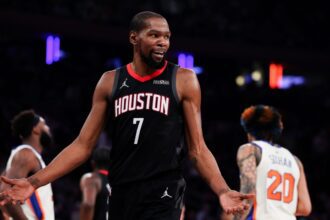 NEW YORK, NEW YORK - FEBRUARY 21: Kevin Durant #7 of the Houston Rockets reacts during the first quarter against the New York Knicks at Madison Square Garden on February 21, 2026 in New York City. (Photo by Ishika Samant/Getty Images)