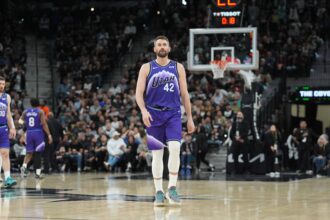 Jan 19, 2026; San Antonio, Texas, USA; Utah Jazz forward Kevin Love (42) walks up the court in the first half against the San Antonio Spurs at Frost Bank Center. Mandatory Credit: Daniel Dunn-Imagn Images