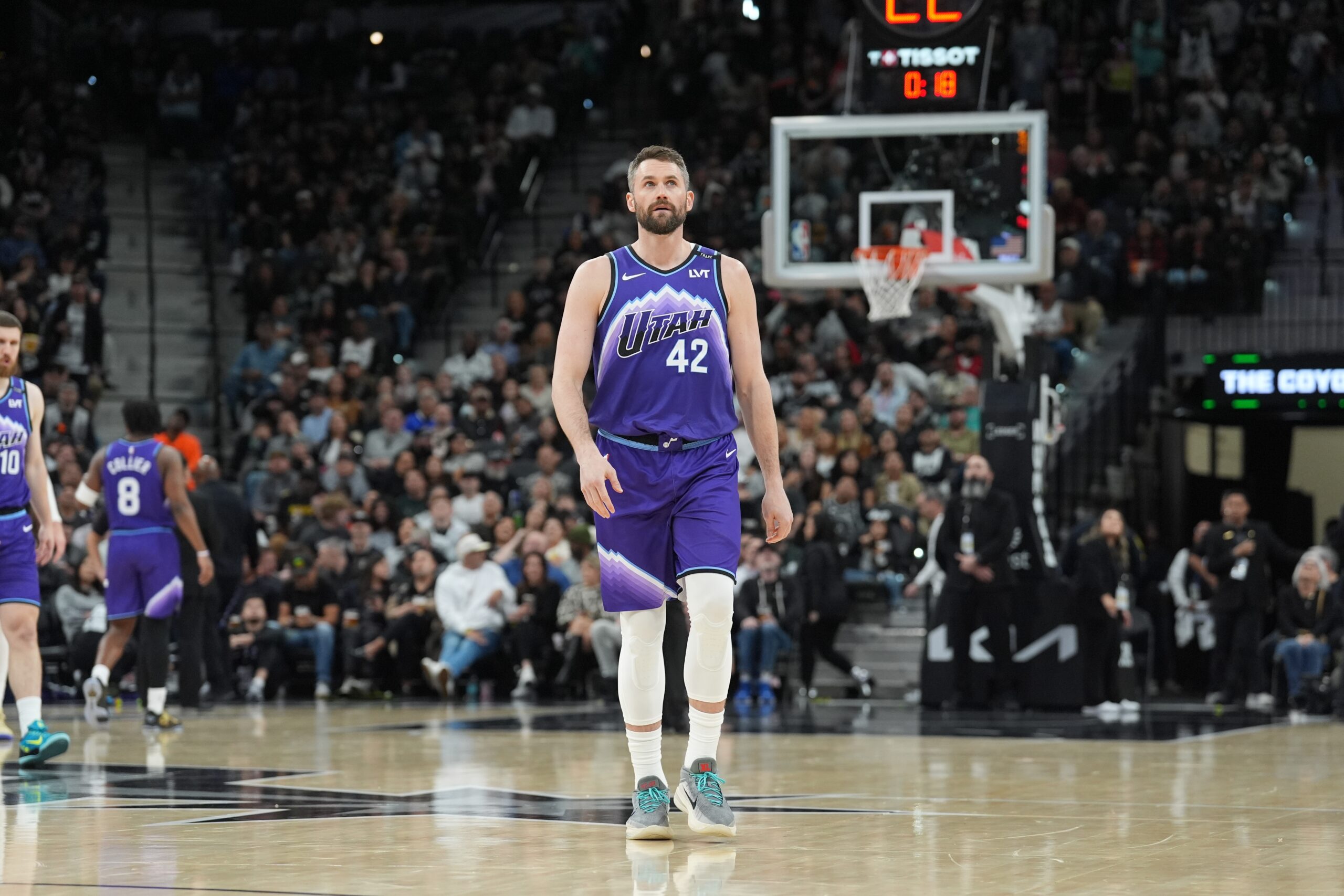 Jan 19, 2026; San Antonio, Texas, USA; Utah Jazz forward Kevin Love (42) walks up the court in the first half against the San Antonio Spurs at Frost Bank Center. Mandatory Credit: Daniel Dunn-Imagn Images