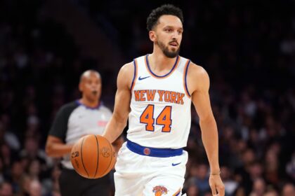 Landry Shamet in action for the New York Knicks. Mandatory Credit: Evan Bernstein - Getty Images