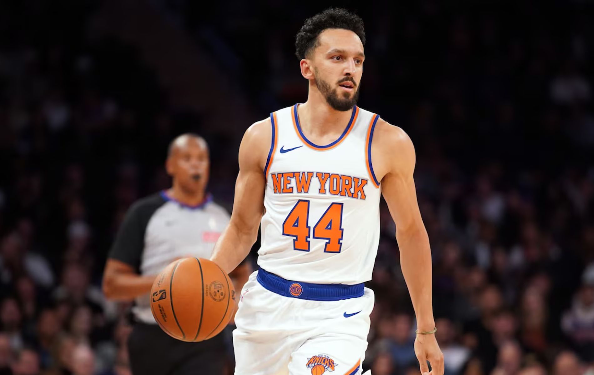 Landry Shamet in action for the New York Knicks. Mandatory Credit: Evan Bernstein - Getty Images