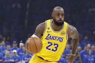 May 5, 2026; Oklahoma City, Oklahoma, USA; Los Angeles Lakers forward LeBron James (23) dribbles down the court against the Oklahoma City Thunder in the first half during game one of the second round of the 2026 NBA Playoffs at Paycom Center. Mandatory Credit: Alonzo Adams-Imagn Images