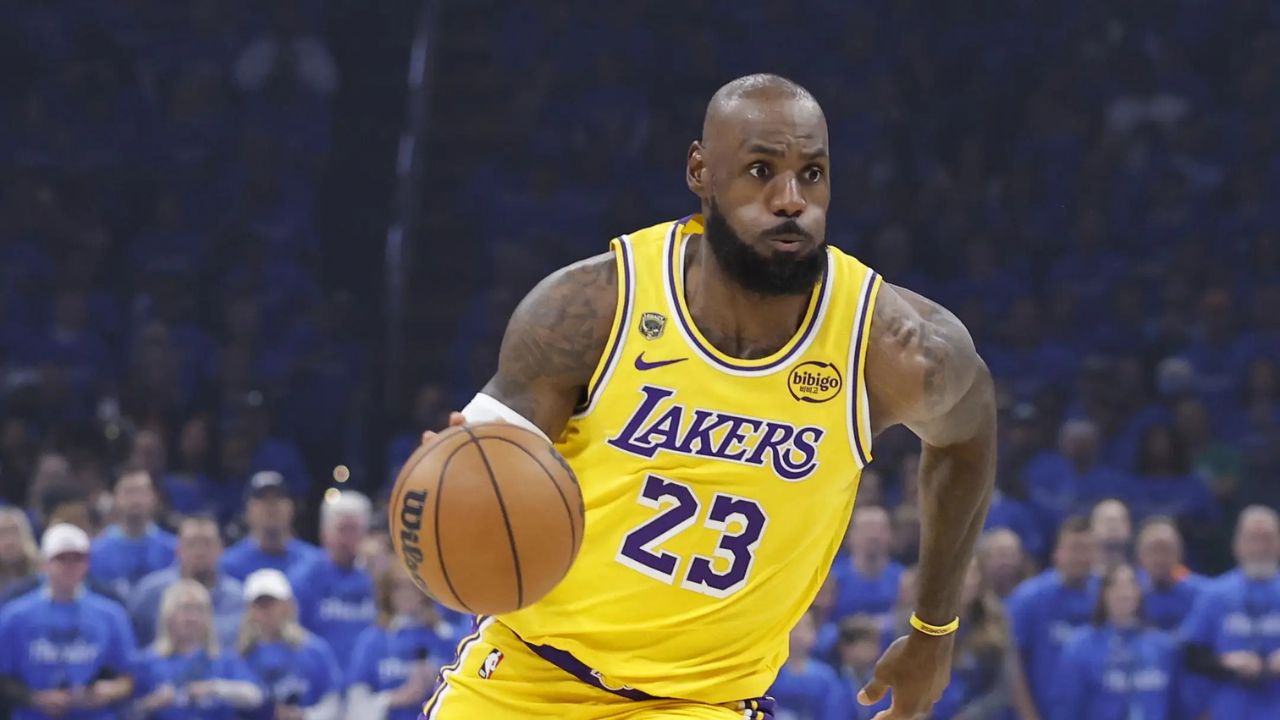 May 5, 2026; Oklahoma City, Oklahoma, USA; Los Angeles Lakers forward LeBron James (23) dribbles down the court against the Oklahoma City Thunder in the first half during game one of the second round of the 2026 NBA Playoffs at Paycom Center. Mandatory Credit: Alonzo Adams-Imagn Images