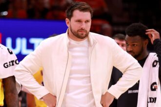 HOUSTON, TEXAS - APRIL 24: Luka Doncic #77 of the Los Angeles Lakers reacts during the game against the Houston Rockets at Toyota Center on April 24, 2026 in Houston, Texas. (Photo by Kenneth Richmond/Getty Images)