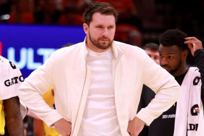 HOUSTON, TEXAS - APRIL 24: Luka Doncic #77 of the Los Angeles Lakers reacts during the game against the Houston Rockets at Toyota Center on April 24, 2026 in Houston, Texas. (Photo by Kenneth Richmond/Getty Images)