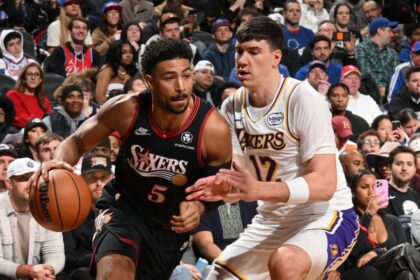 Los Angeles Lakers v Philadelphia 76ers PHILADELPHIA, PA - DECEMBER 7:Quentin Grimes #5 of the Philadelphia 76ers drives to the basket during the game against the Los Angeles Lakers on December 7, 2025 at the Wells Fargo Center in Philadelphia, Pennsylvania (Photo by David Dow/NBAE via Getty Images)