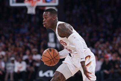May 21, 2026; New York, New York, USA; Cleveland Cavaliers guard Dennis Schroder (8) dribbles against the New York Knicks during the second quarter of the eastern conference finals of the 2026 NBA playoffs at Madison Square Garden. Mandatory Credit: Vincent Carchietta-Imagn Images