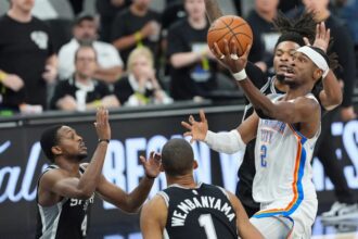 May 28, 2026; San Antonio, Texas, USA; Oklahoma City Thunder guard Shai Gilgeous-Alexander (2) shoots the ball against the San Antonio Spurs in the first half during game six of the western conference finals for the 2026 NBA playoffs at Frost Bank Center. Mandatory Credit: Dustin Safranek-Imagn Images