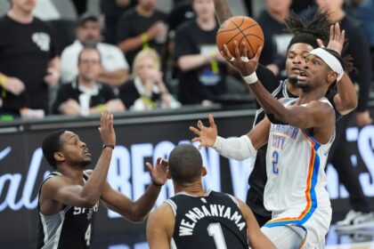 May 28, 2026; San Antonio, Texas, USA; Oklahoma City Thunder guard Shai Gilgeous-Alexander (2) shoots the ball against the San Antonio Spurs in the first half during game six of the western conference finals for the 2026 NBA playoffs at Frost Bank Center. Mandatory Credit: Dustin Safranek-Imagn Images