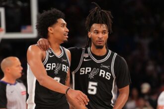 NEW YORK, NY - JUNE 5: Dylan Harper #2 and Stephon Castle #5 of the San Antonio Spurs look on during the game against the New York Knicks during Game Three of the 2026 NBA Finals on June 8, 2026 at Madison Square Garden in New York, New York. (Photo by Jesse D. Garrabrant/NBAE via Getty Images)