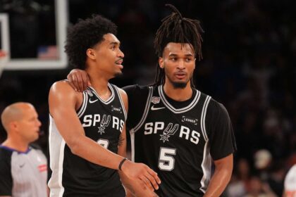 NEW YORK, NY - JUNE 5: Dylan Harper #2 and Stephon Castle #5 of the San Antonio Spurs look on during the game against the New York Knicks during Game Three of the 2026 NBA Finals on June 8, 2026 at Madison Square Garden in New York, New York. (Photo by Jesse D. Garrabrant/NBAE via Getty Images)