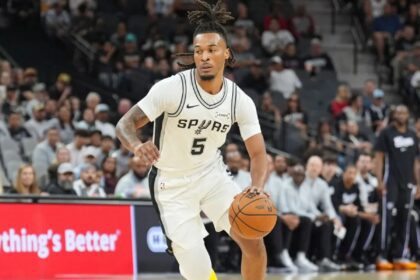 Stephon Castle in action for the Spurs. Mandatory Credit: Daniel Dunn - Imagn Images
