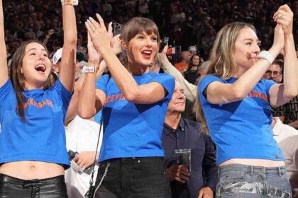 NEW YORK, NY - JUNE 10: Alana Haim, Taylor Swift and Este Haim attend the game between the San Antonio Spurs and the New York Knicks during Game Four of the 2026 NBA Finals on June 10, 2026 at Madison Square Garden in New York, New York. (Photo by Jesse D. Garrabrant/NBAE via Getty Images)
