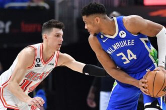 Feb 4, 2023; Milwaukee, Wisconsin, USA; Milwaukee Bucks forward Giannis Antetokounmpo (34) controls the ball against Miami Heat guard Tyler Herro (14) in the second half at Fiserv Forum. Mandatory Credit: Michael McLoone-Imagn Images