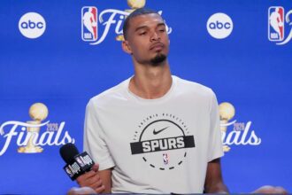 Jun 3, 2026; San Antonio, Texas, USA; San Antonio Spurs forward Victor Wembanyama speaks to the media after game one of the 2026 NBA Finals at Frost Bank Center. Mandatory Credit: Scott Wachter-Imagn Images