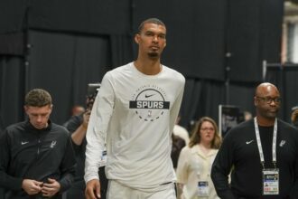 Jun 5, 2026; San Antonio, Texas, USA; San Antonio Spurs forward Victor Wembanyama (1) after the game between the Spurs and the Knicks in game two of the 2026 NBA Finals at Frost Bank Center. Mandatory Credit: Daniel Dunn-Imagn Images