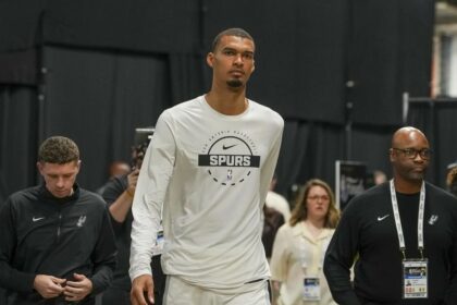 Jun 5, 2026; San Antonio, Texas, USA; San Antonio Spurs forward Victor Wembanyama (1) after the game between the Spurs and the Knicks in game two of the 2026 NBA Finals at Frost Bank Center. Mandatory Credit: Daniel Dunn-Imagn Images