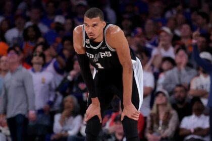 Jun 10, 2026; New York, New York, USA; San Antonio Spurs forward Victor Wembanyama (1) reacts during the fourth quarter of game four of the 2026 NBA Finals against the New York Knicks at Madison Square Garden. Mandatory Credit: Brad Penner-Imagn Images
