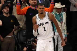 Jun 5, 2026; San Antonio, Texas, USA; San Antonio Spurs forward Victor Wembanyama (1) reacts against the New York Knicks in the second half during game two of the 2026 NBA Finals at Frost Bank Center. Mandatory Credit: Geoff Burke-Imagn Images
