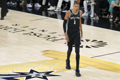 Jun 3, 2026; San Antonio, Texas, USA; San Antonio Spurs forward Victor Wembanyama (1) walks back up the court during the fourth quarter during game one against the New York Knicks of the 2026 NBA Finals at Frost Bank Center. Mandatory Credit: Daniel Dunn-Imagn Images