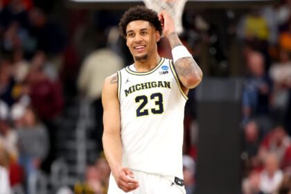 Yaxel Lendeborg reacts to a play during a Michigan game. Mandatory Credit: Gregory Shamus - Getty Images