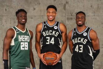 Alex Antetokounmpo #29 of the Wisconsin Herd, Giannis Antetokounmpo #34 of the Milwaukee Bucks and Thanasis Antetokounmpo #43 of the Milwaukee Bucks pose for a portrait during the Kia Skills Challenge as part of 2023 NBA All Star Weekend on Saturday, February 18, 2023 at Vivint Arena in Salt Lake City, Utah.