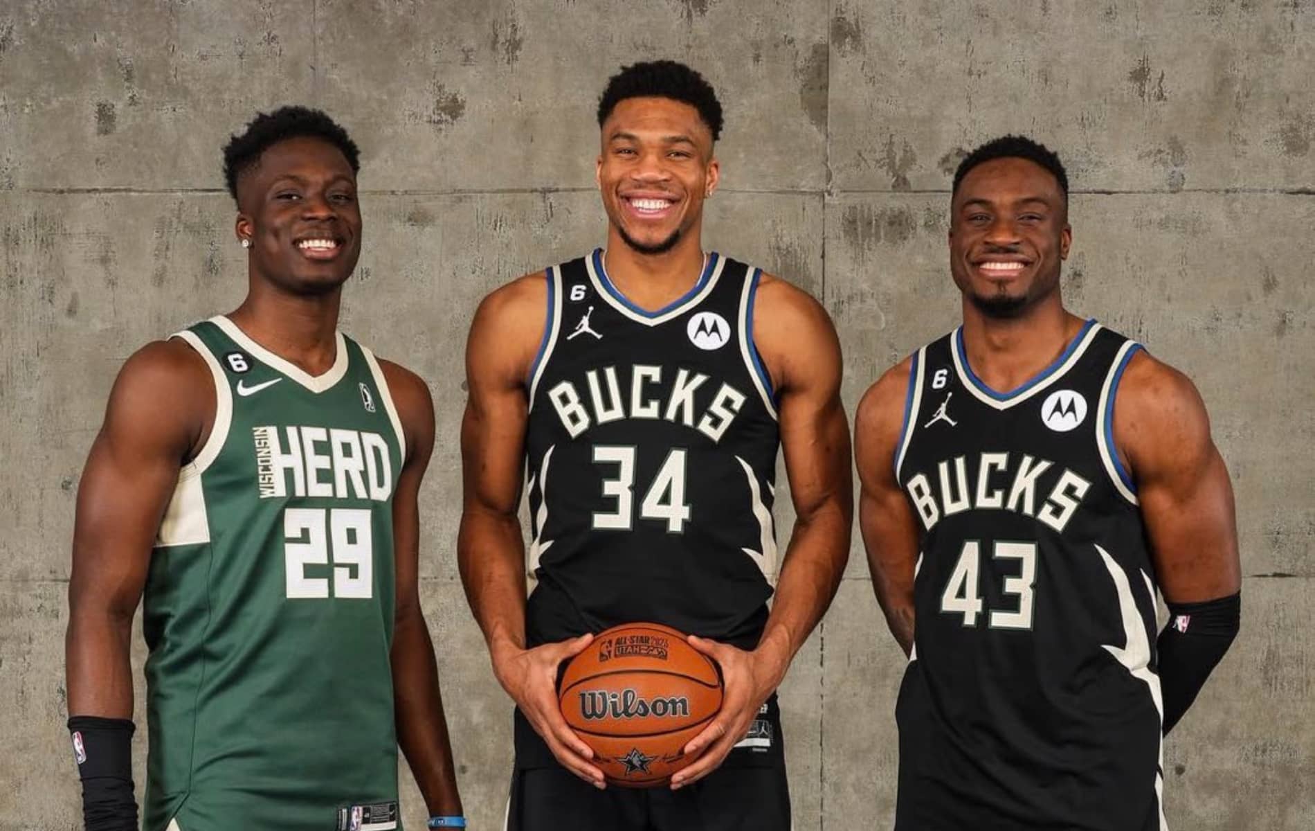 Alex Antetokounmpo #29 of the Wisconsin Herd, Giannis Antetokounmpo #34 of the Milwaukee Bucks and Thanasis Antetokounmpo #43 of the Milwaukee Bucks pose for a portrait during the Kia Skills Challenge as part of 2023 NBA All Star Weekend on Saturday, February 18, 2023 at Vivint Arena in Salt Lake City, Utah.