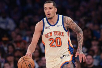 New York, New York, USA; New York Knicks forward Jeremy Sochan (20) dribbles up court against the Charlotte Hornets during the second half at Madison Square Garden. Mandatory Credit: Vincent Carchietta-Imagn Images