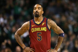 JR Smith #5 of the Cleveland Cavaliers reacts to his teams deficit during the first quarter against the Boston Celtics in Game One of the Eastern Conference Finals of the 2018 NBA Playoffs at TD Garden on May 13, 2018 in Boston, Massachusetts.