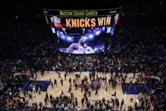 Inside Madison Square Garden as the New York Knicks celebrate their 107-106 victory against the San Antonio Spurs on Wednesday.