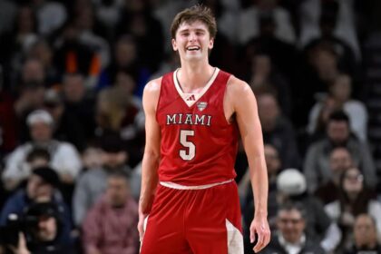 Miami Ohio guard Peter Suder (5) reacts in the second half of an NCAA college basketball game against UMass, Tuesday, Feb. 17, 2026, in Amherst, Mass.