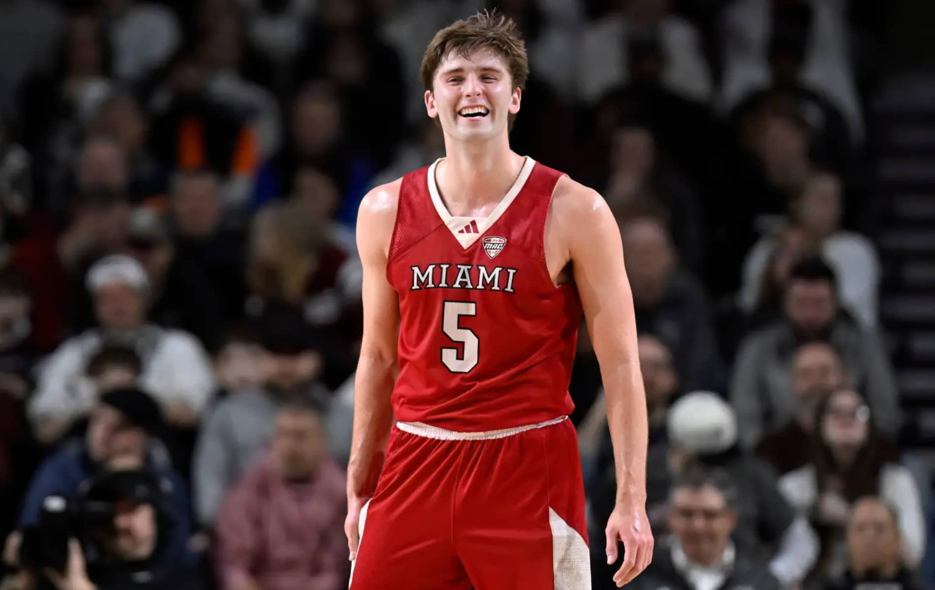 Miami Ohio guard Peter Suder (5) reacts in the second half of an NCAA college basketball game against UMass, Tuesday, Feb. 17, 2026, in Amherst, Mass.