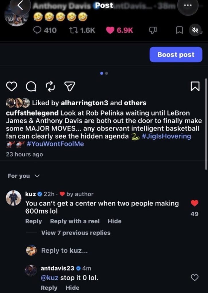 Anthony Davis and Kyle Kuzma fire shots at each other in IG comments section.Mandatory Credit: @cuffsthelegend - Instagram