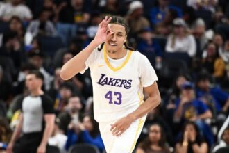 SAN FRANCISCO, CALIFORNIA - JULY 05: Cameron Carr #43 of the Los Angeles Lakers reacts after making a three-point shot against the Miami Heat during the second half of their 2026 California Classic Summer League game at Chase Center on July 05, 2026 in San Francisco, California. (Photo by Thien-An Truong/Getty Images)