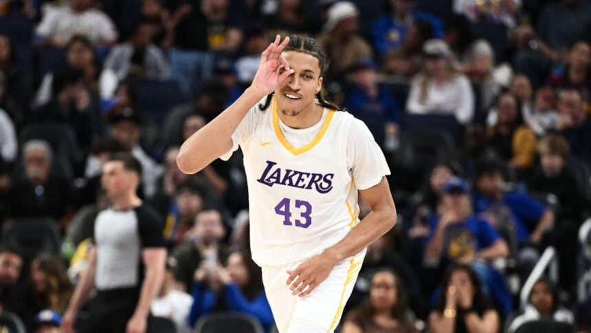 SAN FRANCISCO, CALIFORNIA - JULY 05: Cameron Carr #43 of the Los Angeles Lakers reacts after making a three-point shot against the Miami Heat during the second half of their 2026 California Classic Summer League game at Chase Center on July 05, 2026 in San Francisco, California. (Photo by Thien-An Truong/Getty Images)