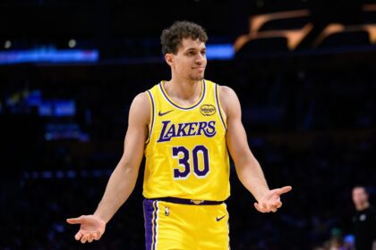 Chris Manon looks on during a Lakers game. Mandatory Credit: William Liang - Imagn Images