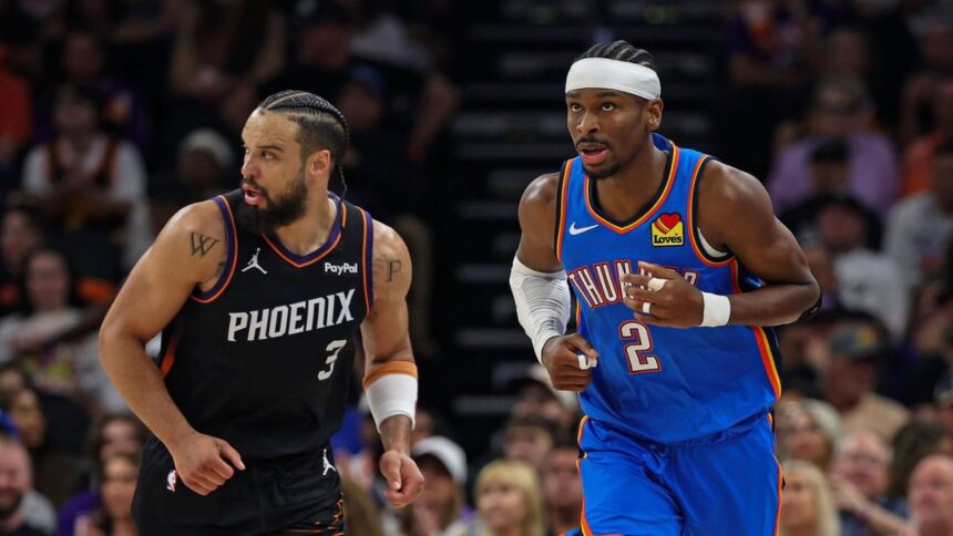 PHOENIX, AZ - APRIL 27: Dillon Brooks #3 of the Phoenix Suns and Shai Gilgeous-Alexander #2 of the Oklahoma City Thunder look on during the game during Round One Game Four of the 2026 NBA Playoffs on April 27, 2026 at PHX Arena in Phoenix, Arizona. (Photo by Zach Beeker/NBAE via Getty Images)