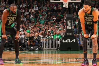 BOSTON, MA - APRIL 28: Jaylen Brown #7 and Jayson Tatum #0 of the Boston Celtics look on during the game against the Philadelphia 76ers during Round One Game Five of the 2026 NBA Playoffs on April 28, 2026 at TD Garden in Boston, Massachusetts. (Photo by Jesse D. Garrabrant/NBAE via Getty Images)