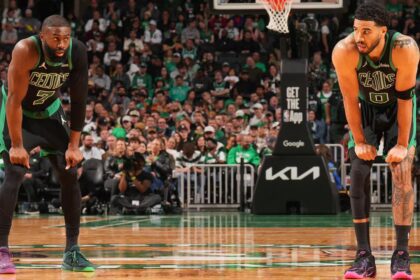 BOSTON, MA - APRIL 28: Jaylen Brown #7 and Jayson Tatum #0 of the Boston Celtics look on during the game against the Philadelphia 76ers during Round One Game Five of the 2026 NBA Playoffs on April 28, 2026 at TD Garden in Boston, Massachusetts. (Photo by Jesse D. Garrabrant/NBAE via Getty Images)