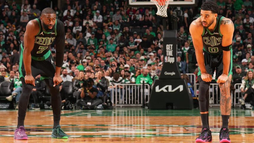 BOSTON, MA - APRIL 28: Jaylen Brown #7 and Jayson Tatum #0 of the Boston Celtics look on during the game against the Philadelphia 76ers during Round One Game Five of the 2026 NBA Playoffs on April 28, 2026 at TD Garden in Boston, Massachusetts. (Photo by Jesse D. Garrabrant/NBAE via Getty Images)